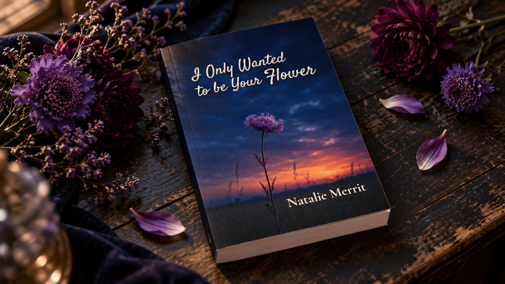 Book mockup of Natalie Merrit’s I Only Wanted to Be Your Flower on dark wood beside plum-colored flowers.